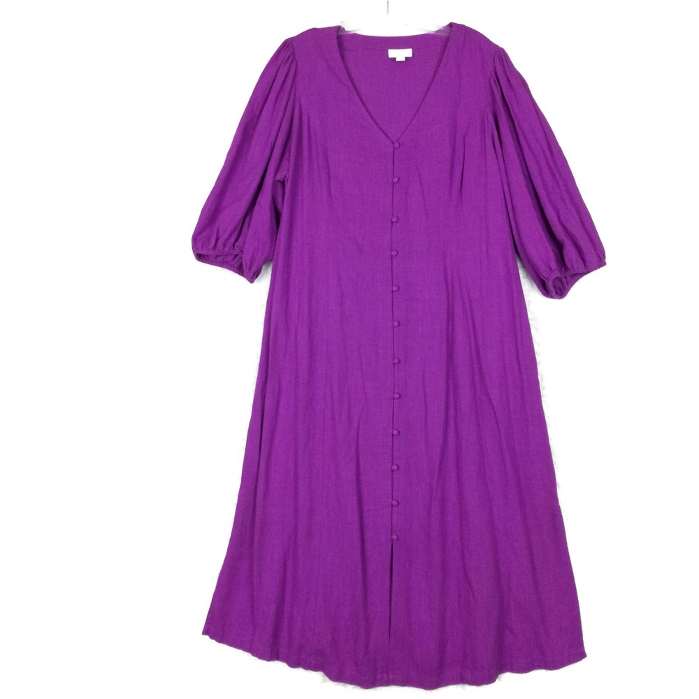 J. Jill Womens Dress Midi Linen Blend Purple Button Front Short Puff Sleeves L
